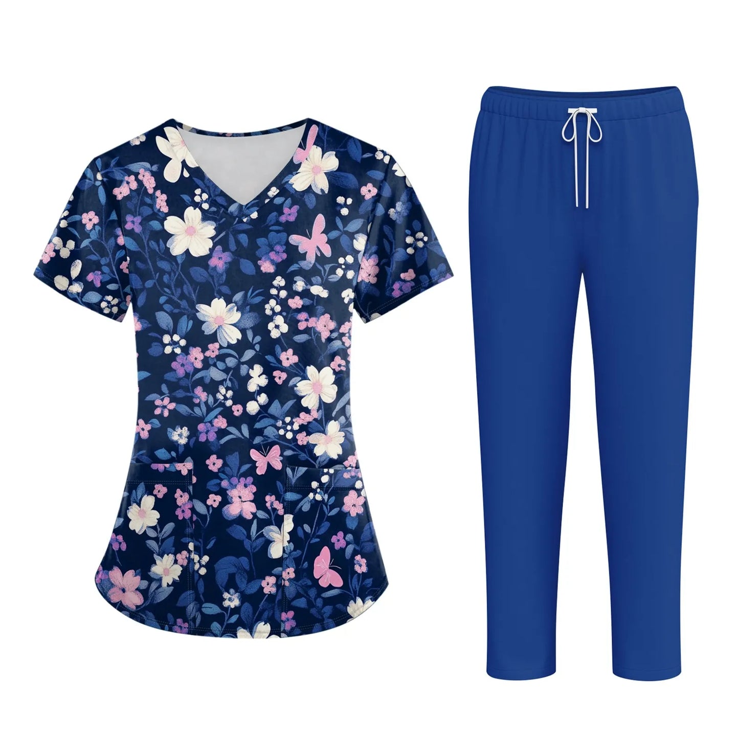 Women'S Nurse Uniform Suit Short-Sleeved Animal Floral Print Pocket Top And Pants Work Clothes Nursing Uniform Two-Piece Suit