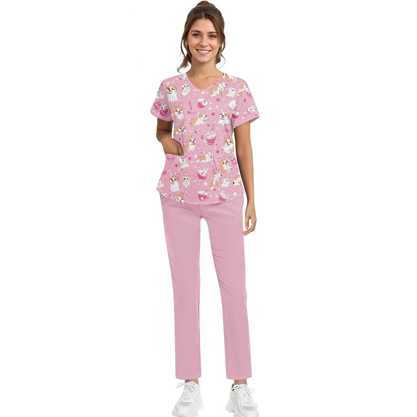 Women'S Nurse Uniform Suit Short-Sleeved Animal Floral Print Pocket Top And Pants Work Clothes Nursing Uniform Two-Piece Suit
