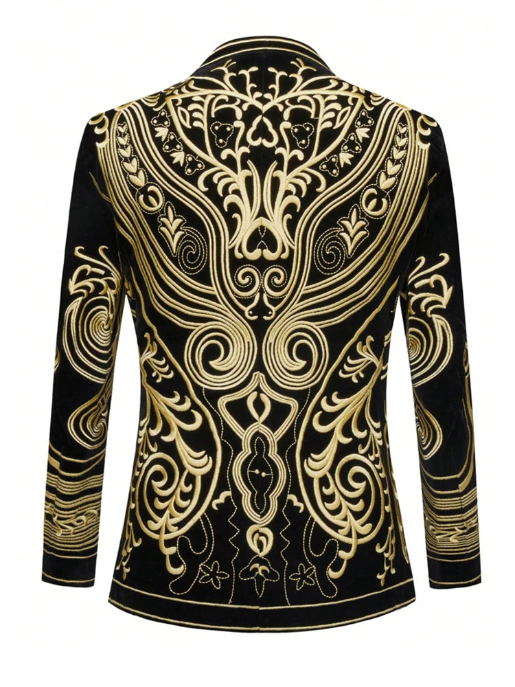 Men's Standing Collar Velvet Knot Embroidery Court Blazer Slim Fit Suit Jacket Peak Lapel for Party Wedding Banquet Prom