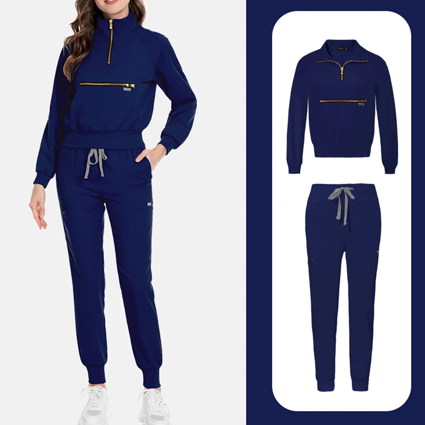 Women Nurse Scrub Set Stand Collar Half Zipper Long Sleeve Multi-Color Drawstring Pants Multi-Pocket Cozy Professional Workwear