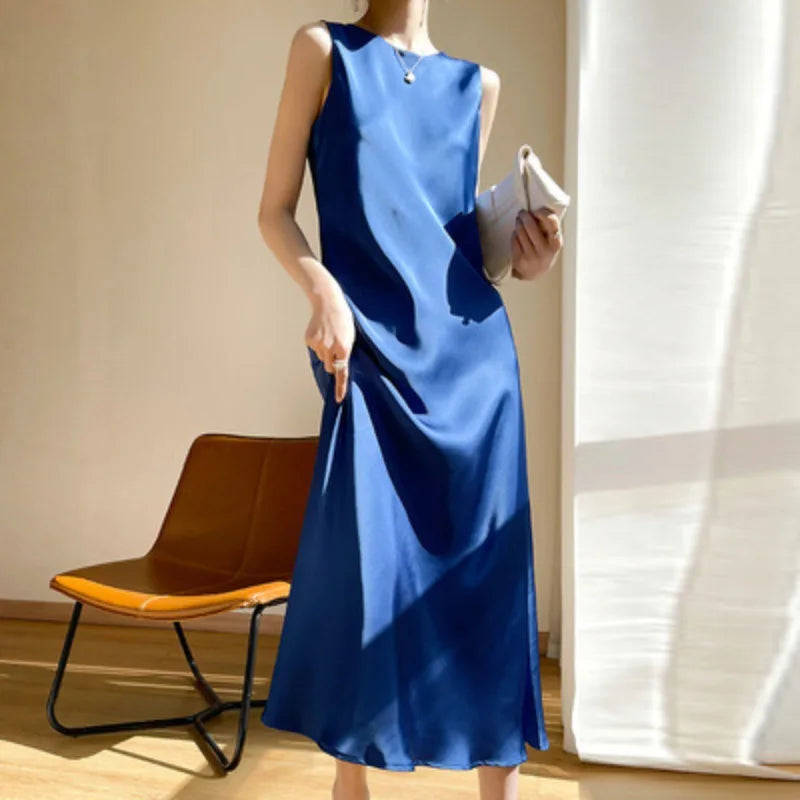 Off Shoulder High Waist Woman's Long Dress Silk Satin A-line Midi Dress O-neck Sleeveless Evening Dresses