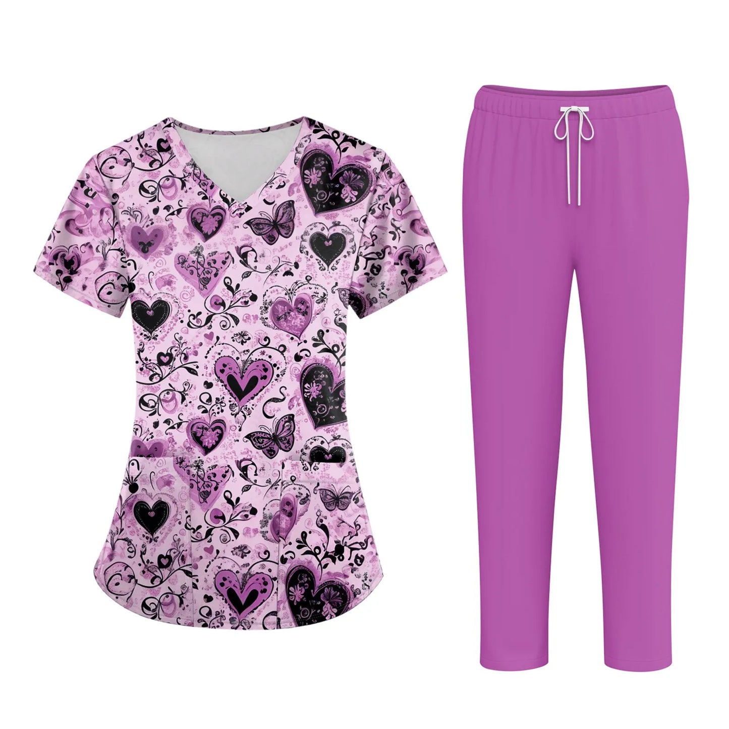 Women'S Nurse Uniform Suit Short-Sleeved Animal Floral Print Pocket Top And Pants Work Clothes Nursing Uniform Two-Piece Suit