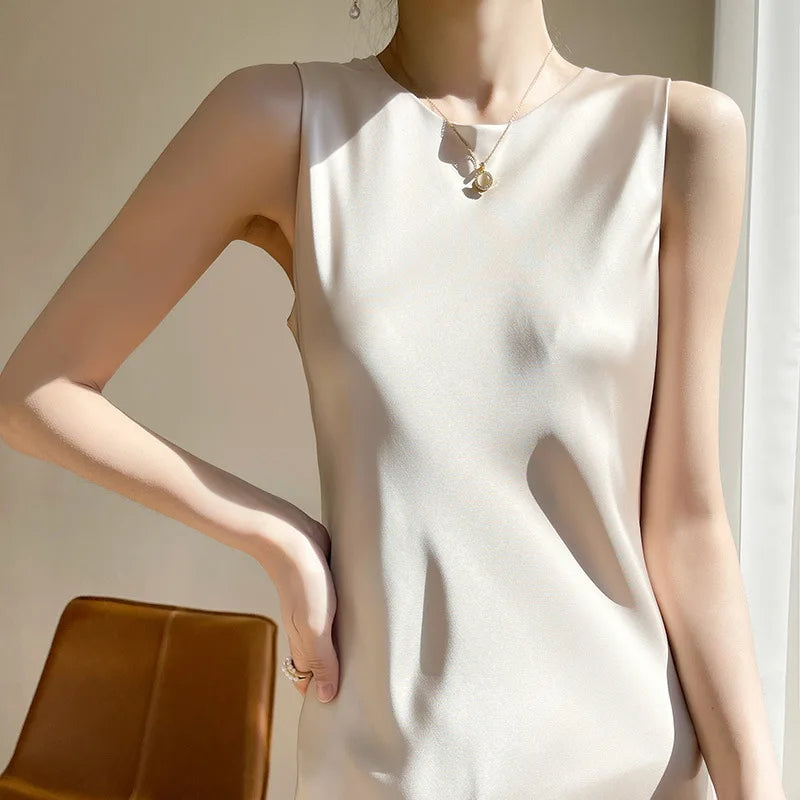 Off Shoulder High Waist Woman's Long Dress Silk Satin A-line Midi Dress O-neck Sleeveless Evening Dresses