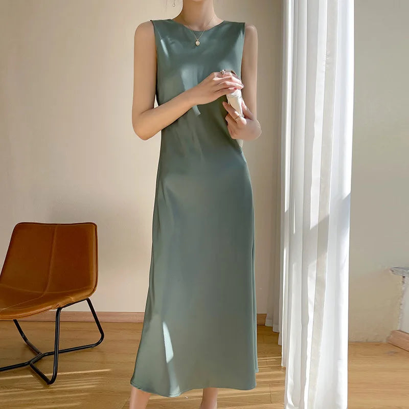 Off Shoulder High Waist Woman's Long Dress Silk Satin A-line Midi Dress O-neck Sleeveless Evening Dresses
