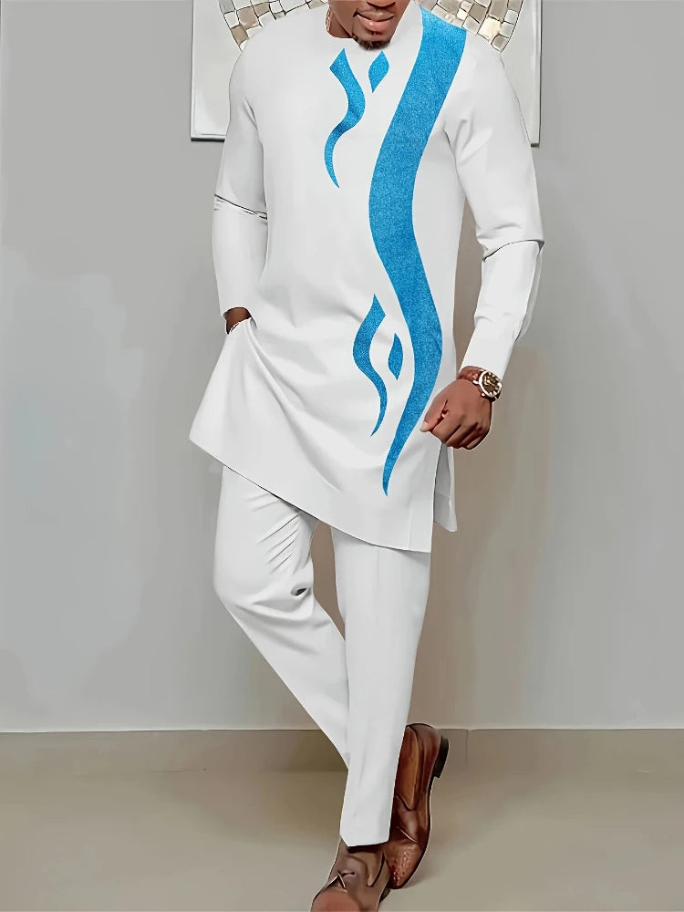 Men's Casual Long-Sleeved Two-Piece Set: Mid-Length Top and Trousers