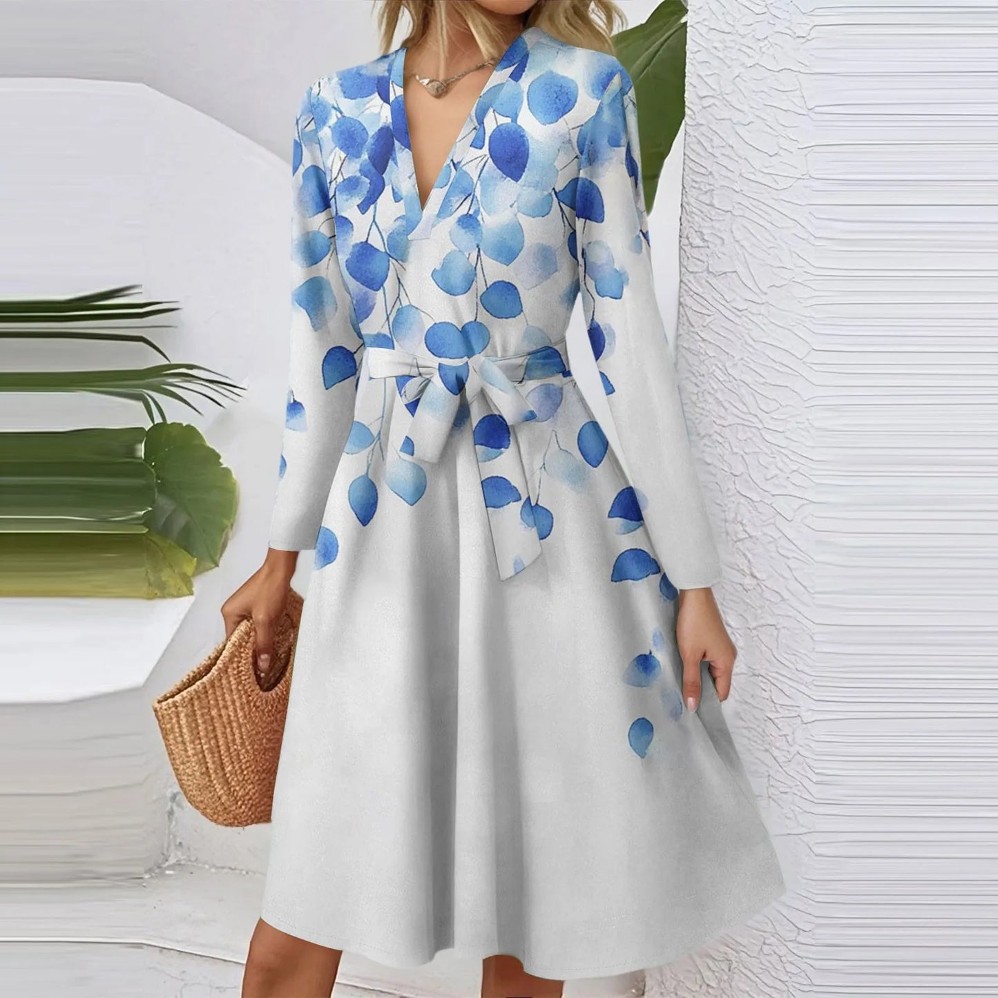Women'S Fashion Casual V-Neck Long Sleeve Waist Floral Print Midi Dress