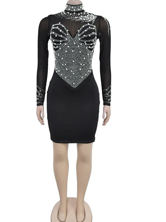 Women's Black Mesh Bust Pearls Rhinestone Decor Mini Dress  See Through Crystal Party Short Dress