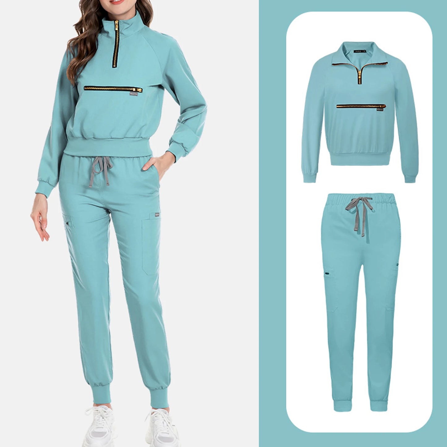 Women Nurse Scrub Set Stand Collar Half Zipper Long Sleeve Multi-Color Drawstring Pants Multi-Pocket Cozy Professional Workwear