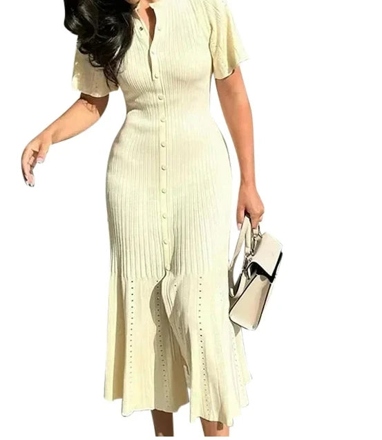Knit Solid Women's Dress Short Sleeve O Neck Lady Dresses 2025 Elegant Summer Single Breasted Hip Package High Waist Female
