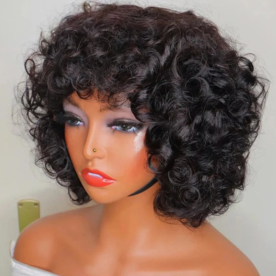 Brazilian Egg Curl Pixie Cut Wig Human Hair With Bangs Water Wave Short Bob Wig For Women Preplucked