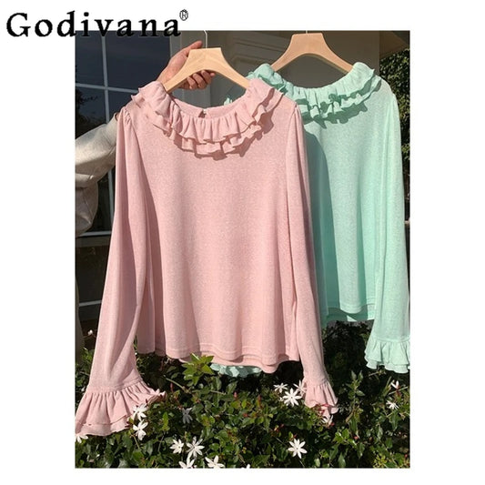 L-4XL Large Size Solid Color Long Sleeve Women Autumn Winter Sweet Double Layer Ruffles Age Reducing Crew Neck Knitted Sweater