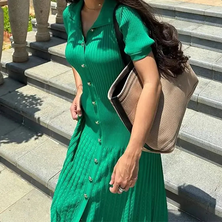 Knit Solid Women's Dress Short Sleeve O Neck Lady Dresses 2025 Elegant Summer Single Breasted Hip Package High Waist Female