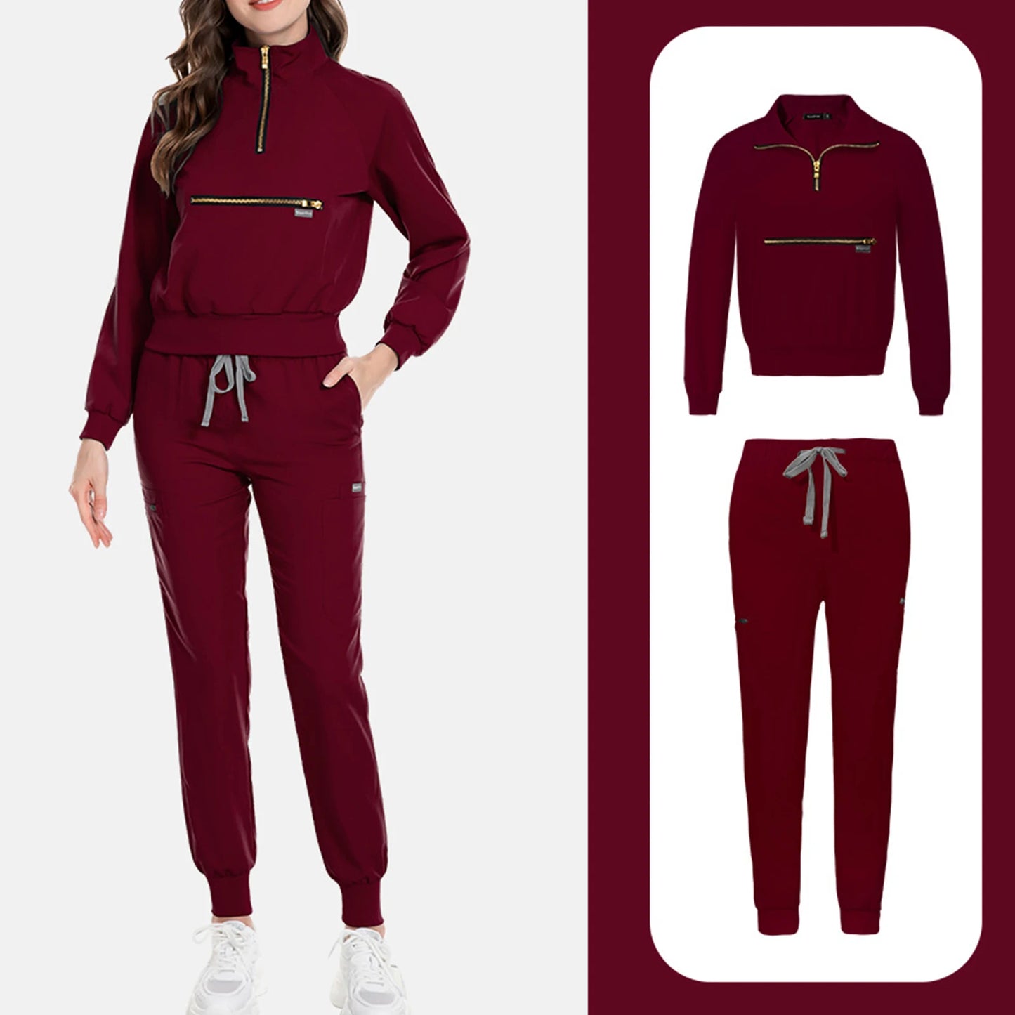 Women Nurse Scrub Set Stand Collar Half Zipper Long Sleeve Multi-Color Drawstring Pants Multi-Pocket Cozy Professional Workwear