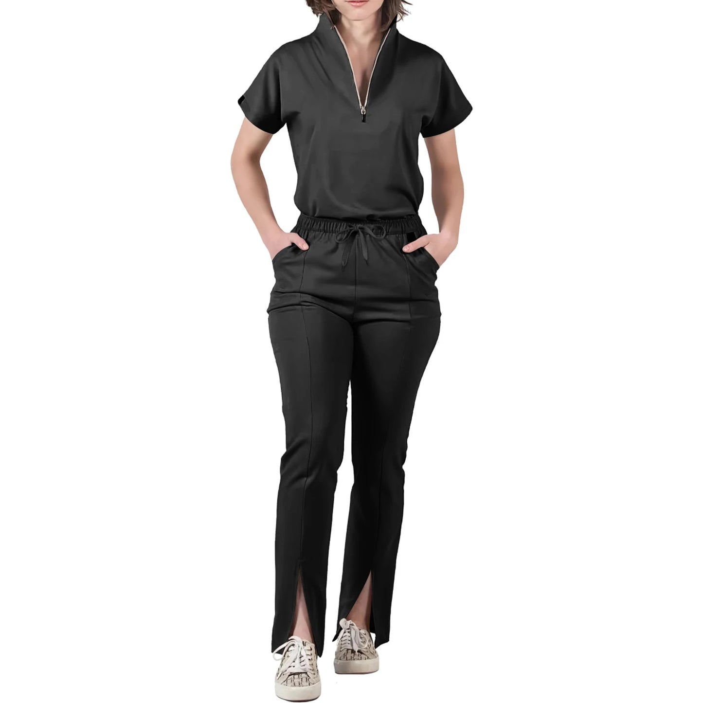 Women's Nurse Scrub Set V-Neck Half Zipper Short Sleeve Multi-Color Split Hem Pants Multi-Pocket Cozy Professional Workwear