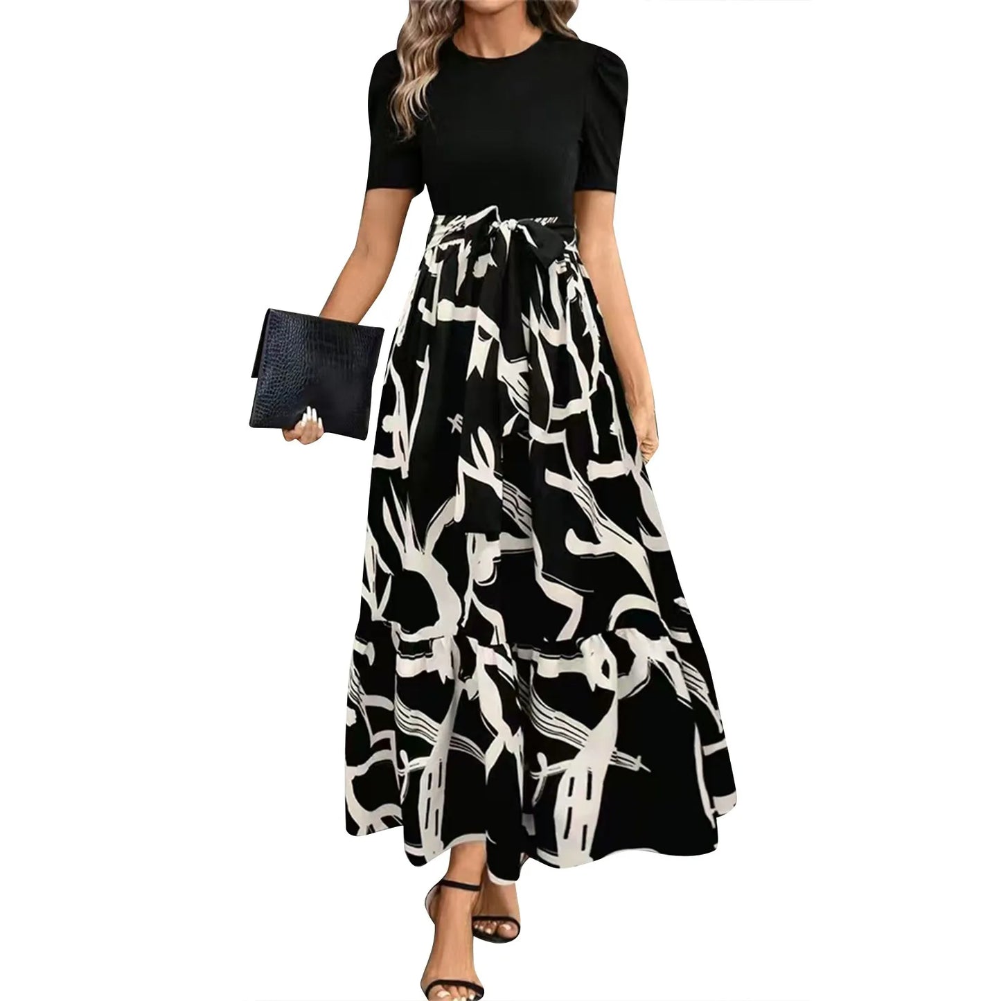 Dresses Elegant Office Lady Outfits A-Line Lace-Up Slim Fit Waist Ruffle Hem Skirt Women Dress Summer