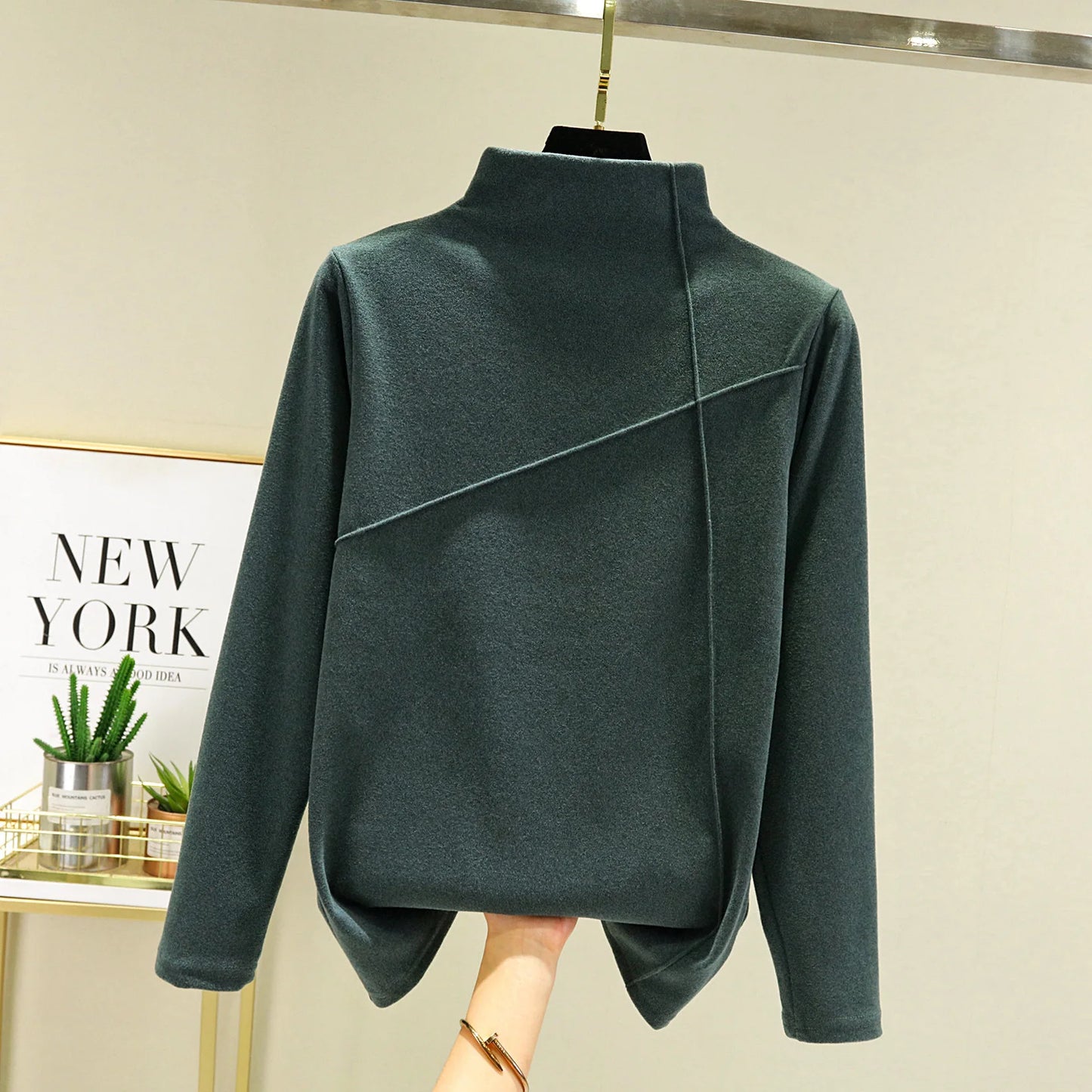 Women's Thickened Long Sleeve High Collar Double Sided Fleece Warm Top T-Shirt Autumn Winter plus Size Base Shirt Outerwear