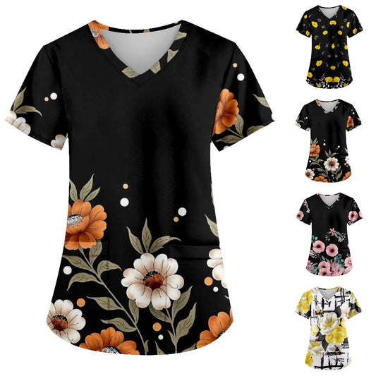 2025 New Women'S Fashion Printed Nurse Uniform With Pocket T-Shirt Short-Sleeved Top Soft Breathable Nursing Work Clothes
