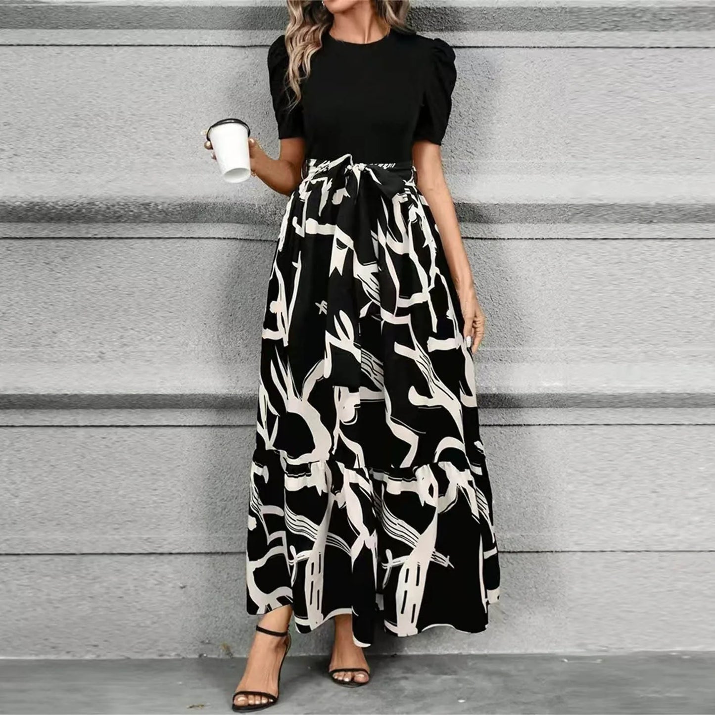 Dresses Elegant Office Lady Outfits A-Line Lace-Up Slim Fit Waist Ruffle Hem Skirt Women Dress Summer