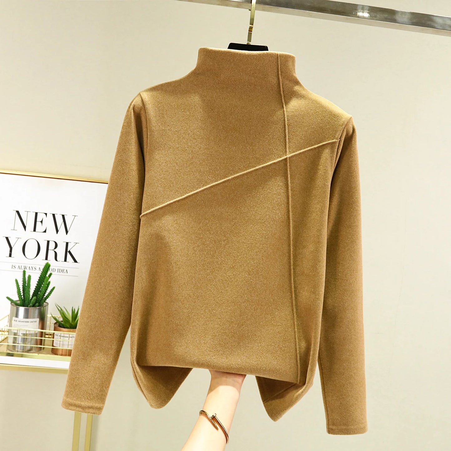 Women's Thickened Long Sleeve High Collar Double Sided Fleece Warm Top T-Shirt Autumn Winter plus Size Base Shirt Outerwear