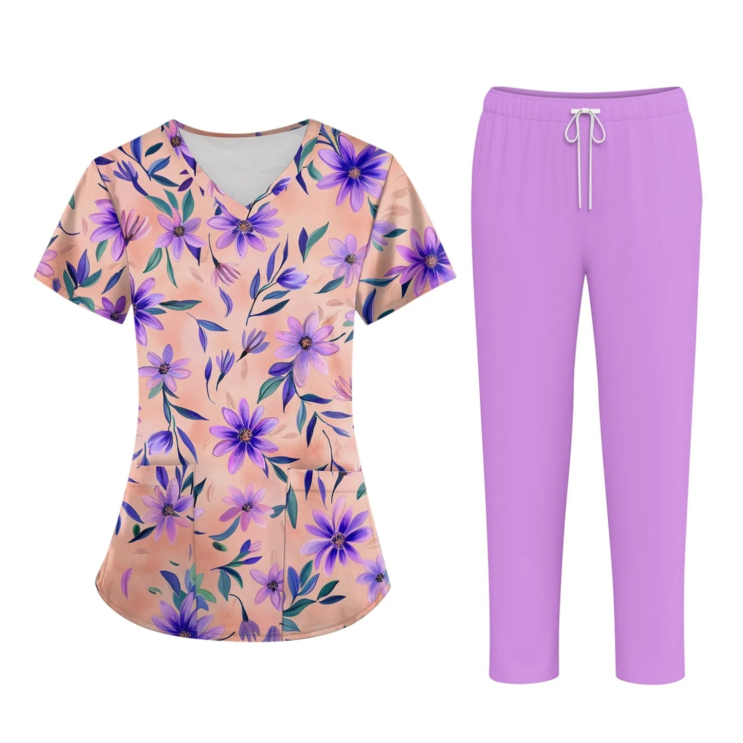Women'S Nurse Uniform Suit Short-Sleeved Animal Floral Print Pocket Top And Pants Work Clothes Nursing Uniform Two-Piece Suit