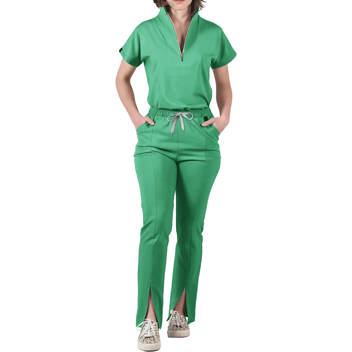 Women's Nurse Scrub Set V-Neck Half Zipper Short Sleeve Multi-Color Split Hem Pants Multi-Pocket Cozy Professional Workwear