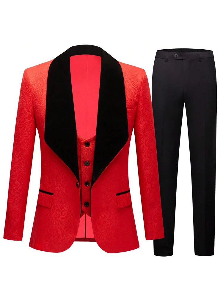 Men's three-piece floral jacquard slim-fitting suit set, including paisley pattern suit jacket, vest, and pants, suitable