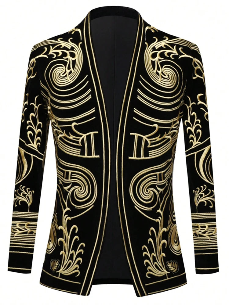 Men's Standing Collar Velvet Knot Embroidery Court Blazer Slim Fit Suit Jacket Peak Lapel for Party Wedding Banquet Prom