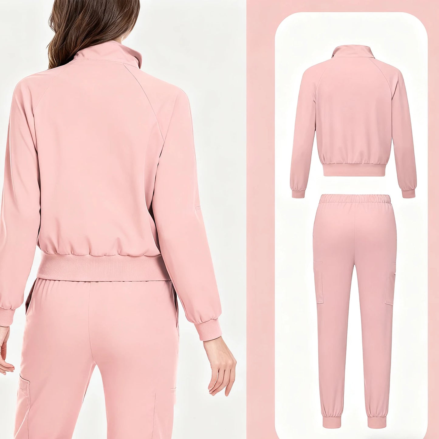 Women Nurse Scrub Set Stand Collar Half Zipper Long Sleeve Multi-Color Drawstring Pants Multi-Pocket Cozy Professional Workwear