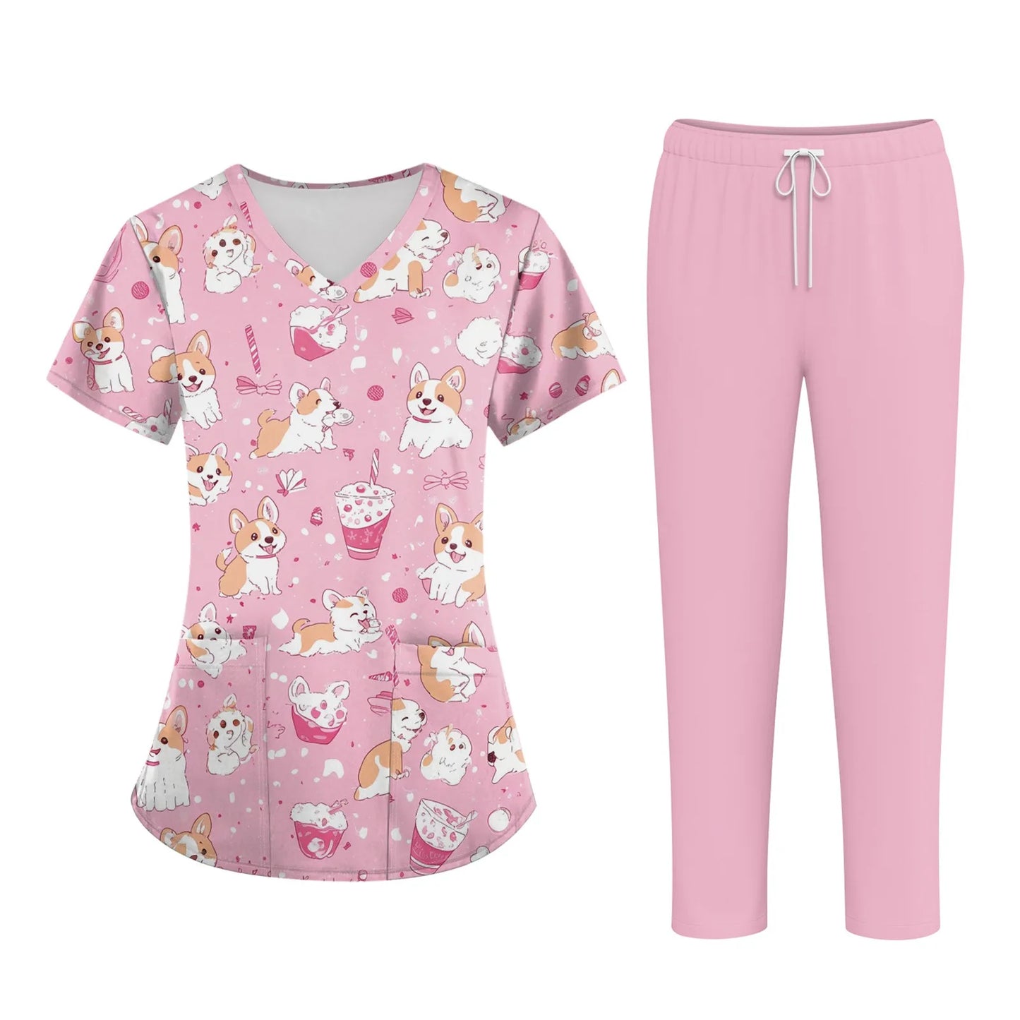 Women'S Nurse Uniform Suit Short-Sleeved Animal Floral Print Pocket Top And Pants Work Clothes Nursing Uniform Two-Piece Suit