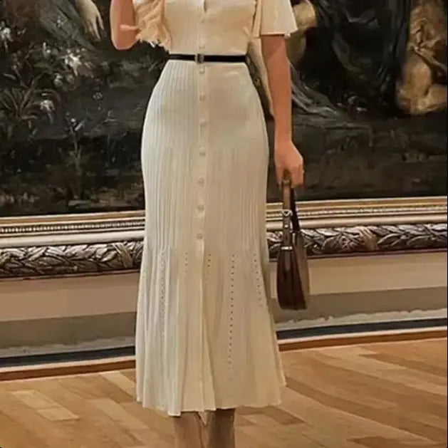 Knit Solid Women's Dress Short Sleeve O Neck Lady Dresses 2025 Elegant Summer Single Breasted Hip Package High Waist Female