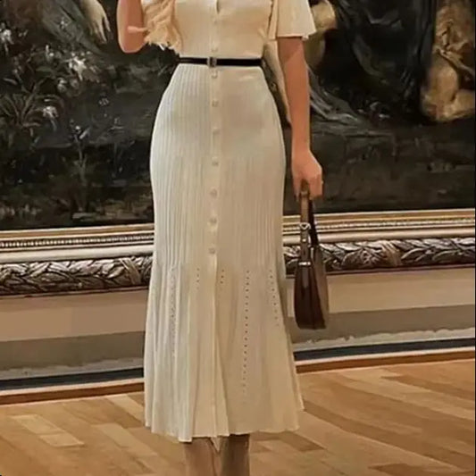 Knit Solid Women's Dress Short Sleeve O Neck Lady Dresses 2025 Elegant Summer Single Breasted Hip Package High Waist Female