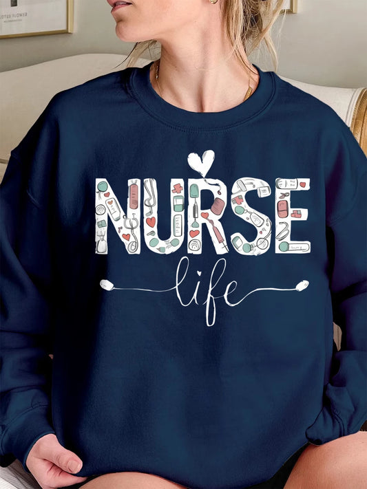Fall Winter Plus Size Cotton Crew Neck Sweatshirt Women Nurse Life Print Oversized Hoodie Crew Neck Long Sleeved Casual Tops