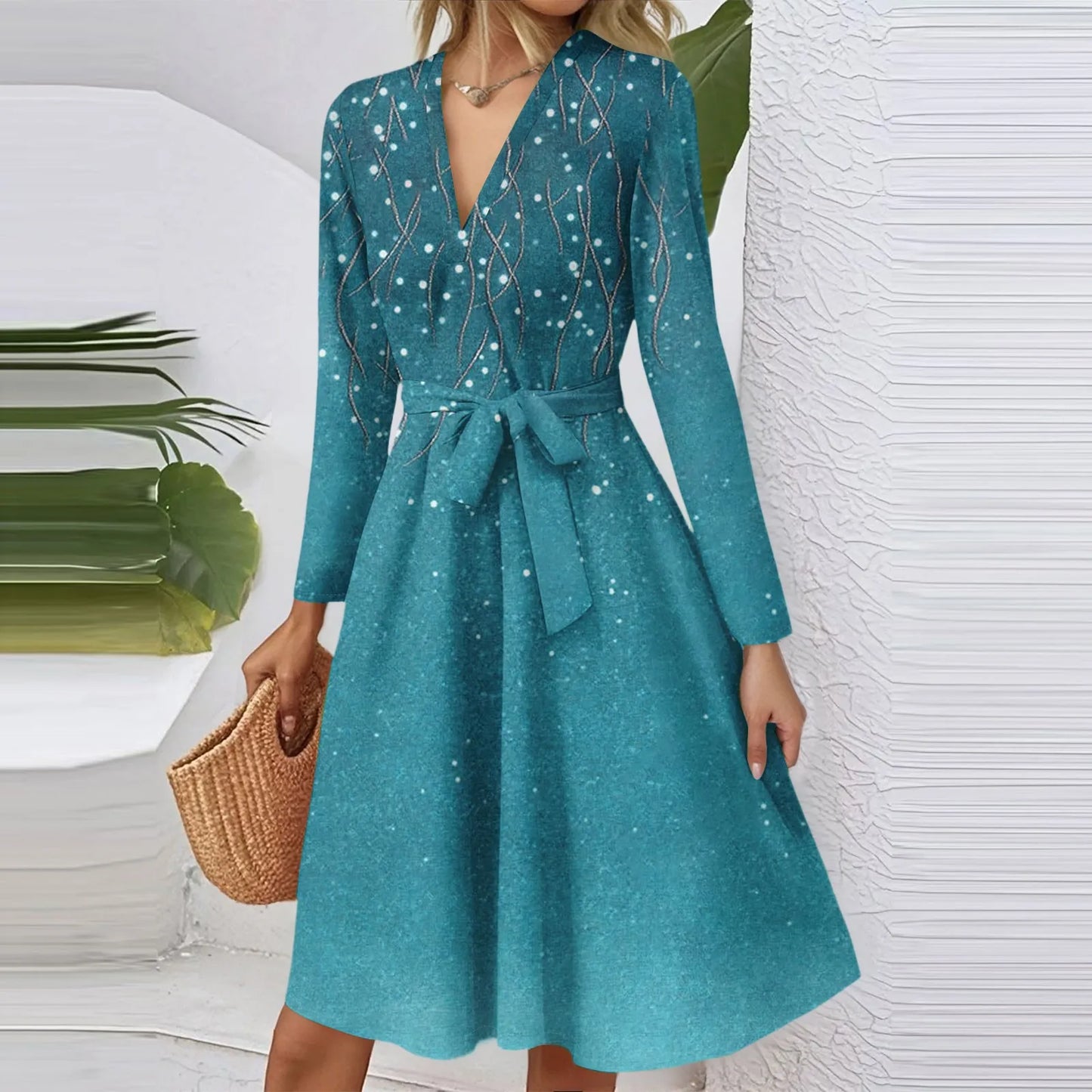 Women'S Fashion Casual V-Neck Long Sleeve Waist Floral Print Midi Dress
