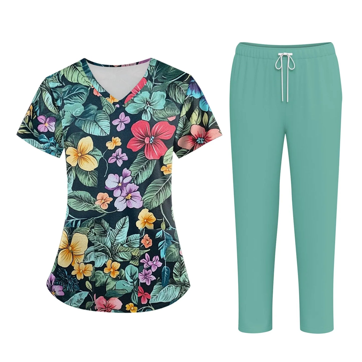 Women'S Nurse Uniform Suit Short-Sleeved Animal Floral Print Pocket Top And Pants Work Clothes Nursing Uniform Two-Piece Suit
