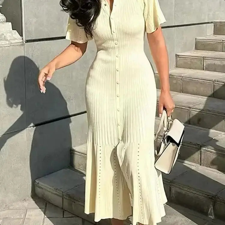 Knit Solid Women's Dress Short Sleeve O Neck Lady Dresses 2025 Elegant Summer Single Breasted Hip Package High Waist Female