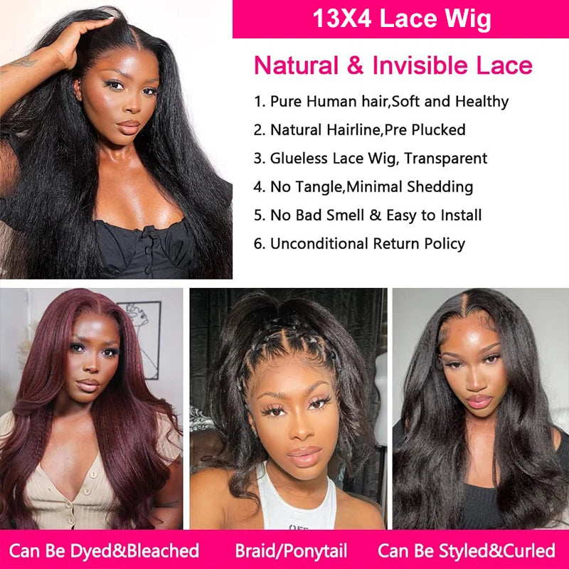 Brazilian Virgin Human Hair 13X4 Kinky Straight HD Lace Front Glueless Wigs for Women Pre Bleached Knots  Human Hair Wig