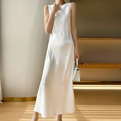 Off Shoulder High Waist Woman's Long Dress Silk Satin A-line Midi Dress O-neck Sleeveless Evening Dresses