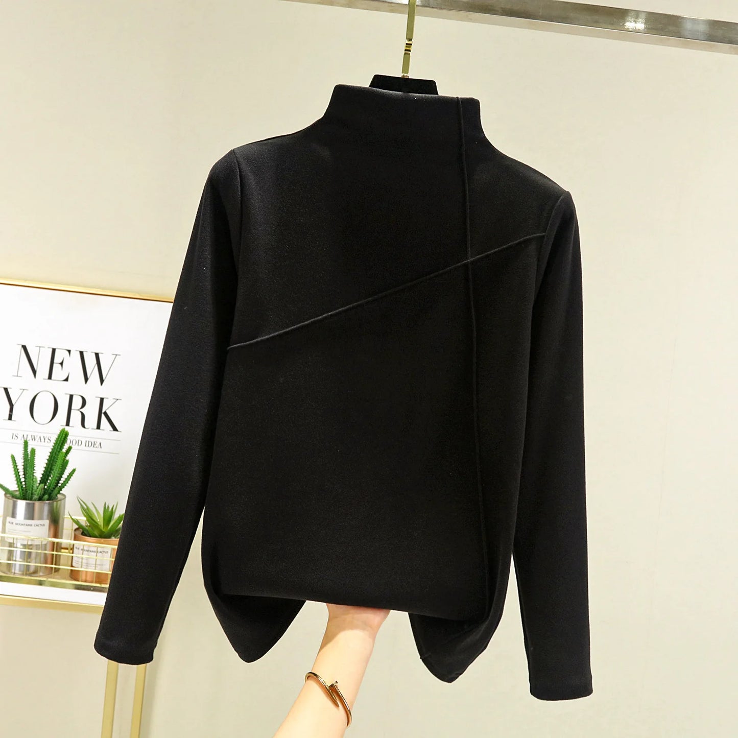 Women's Thickened Long Sleeve High Collar Double Sided Fleece Warm Top T-Shirt Autumn Winter plus Size Base Shirt Outerwear