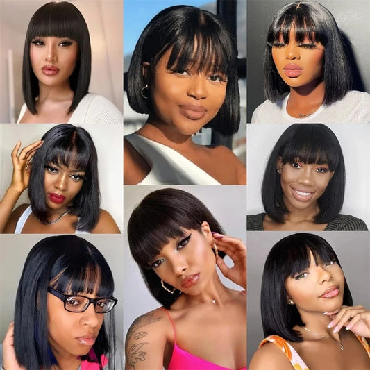 Middle Part Lace Wig Bob Wigs Full Machine Made Bone Straight Human Hair Wigs With Bangs Short Bob