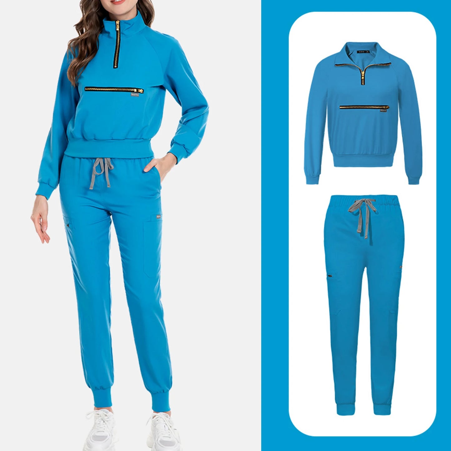 Women Nurse Scrub Set Stand Collar Half Zipper Long Sleeve Multi-Color Drawstring Pants Multi-Pocket Cozy Professional Workwear