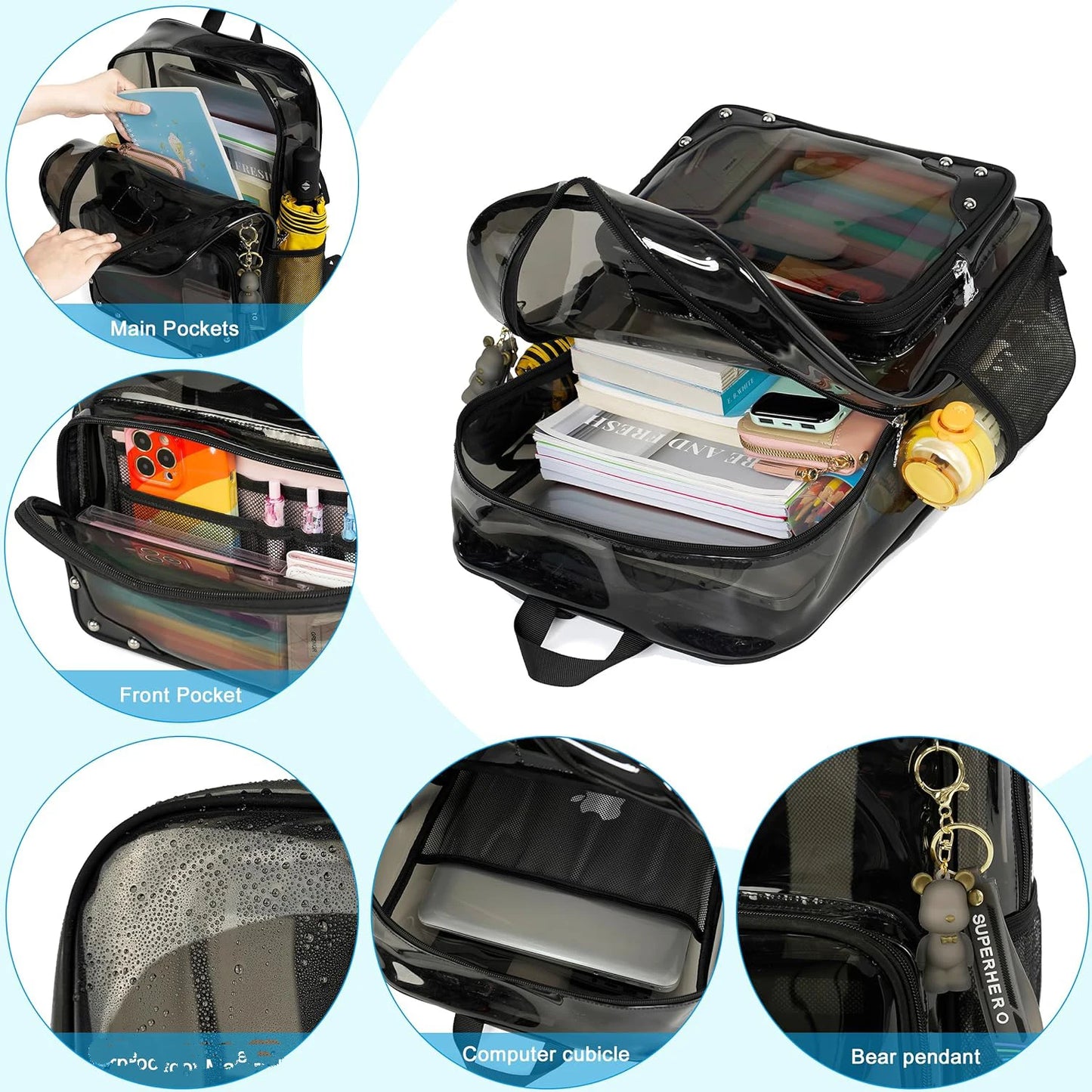 Clear Backpack Heavy Duty Transparent Laptop Backpacks 15.6 Inch See Through TPU Travel Daypack Large College Bookbag