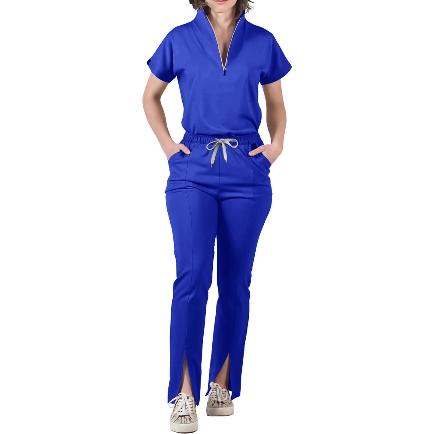 Women's Nurse Scrub Set V-Neck Half Zipper Short Sleeve Multi-Color Split Hem Pants Multi-Pocket Cozy Professional Workwear