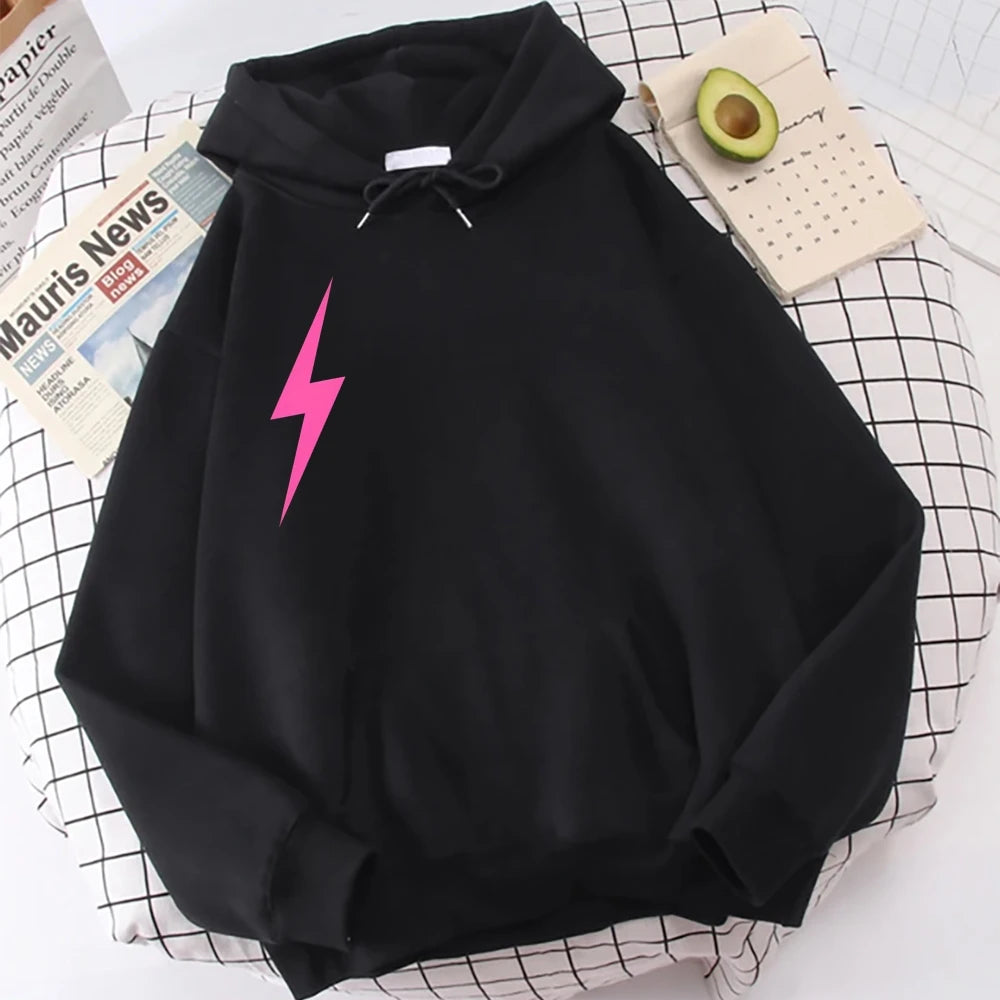 Pink Lightning Hoodie Sweatshirt Print Casual Loose Long Sleeved Cool Streetwear Stylish Comfortable Tops Cloth