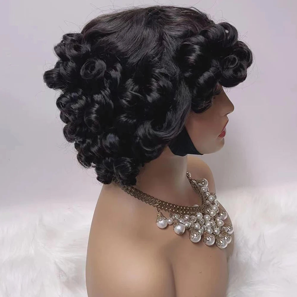 Brazilian Egg Curl Pixie Cut Wig Human Hair With Bangs Water Wave Short Bob Wig For Women Preplucked