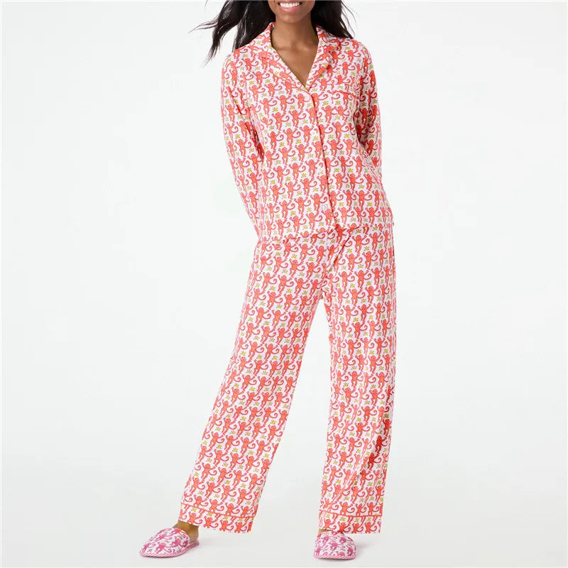 Roller Rabbit Monkey Pajamas Preppy Pjs Cute Pj Pants Sets For Women Long Sleeve Pajamas Set 2 Piece Loungewear
