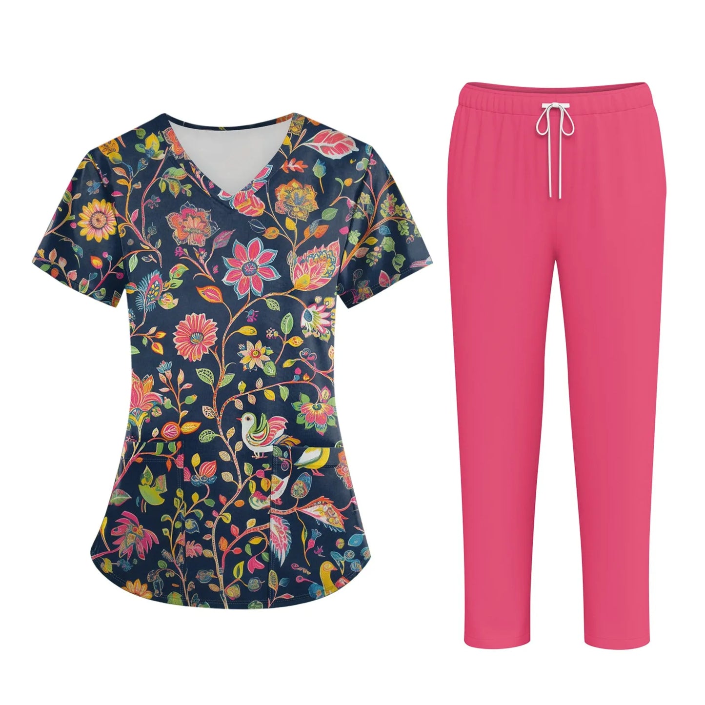 Women'S Nurse Uniform Suit Short-Sleeved Animal Floral Print Pocket Top And Pants Work Clothes Nursing Uniform Two-Piece Suit