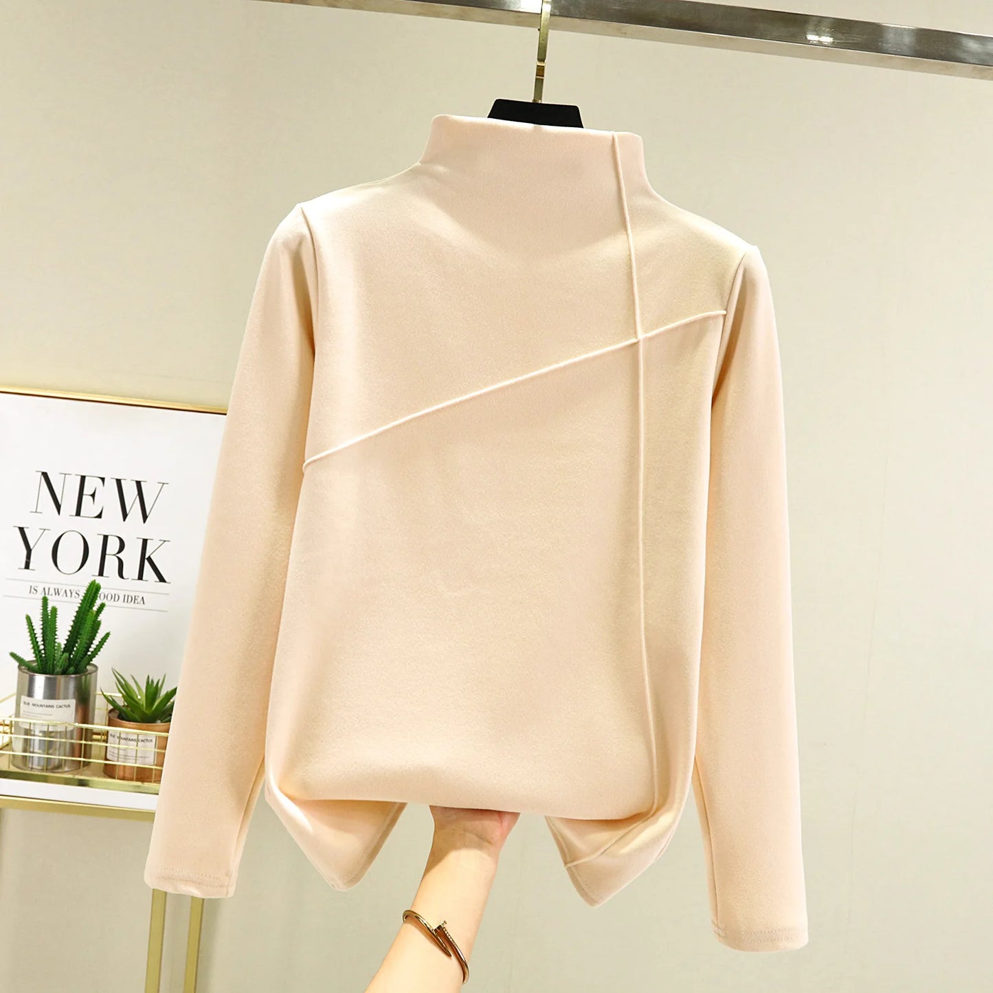 Women's Thickened Long Sleeve High Collar Double Sided Fleece Warm Top T-Shirt Autumn Winter plus Size Base Shirt Outerwear