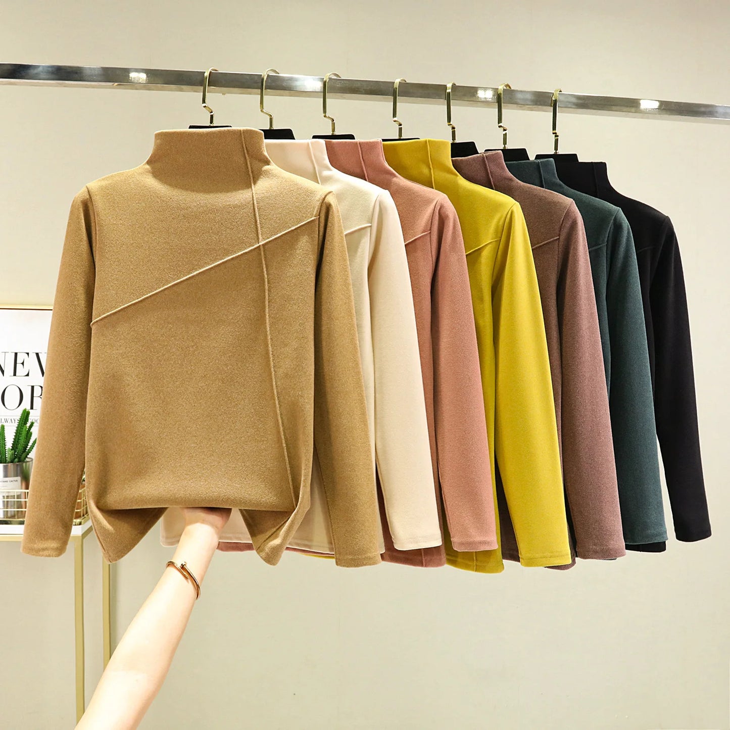 Women's Thickened Long Sleeve High Collar Double Sided Fleece Warm Top T-Shirt Autumn Winter plus Size Base Shirt Outerwear