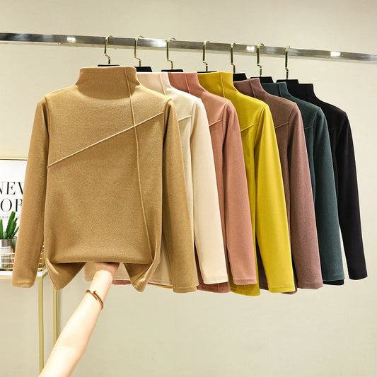 Women's Thickened Long Sleeve High Collar Double Sided Fleece Warm Top T-Shirt Autumn Winter plus Size Base Shirt Outerwear