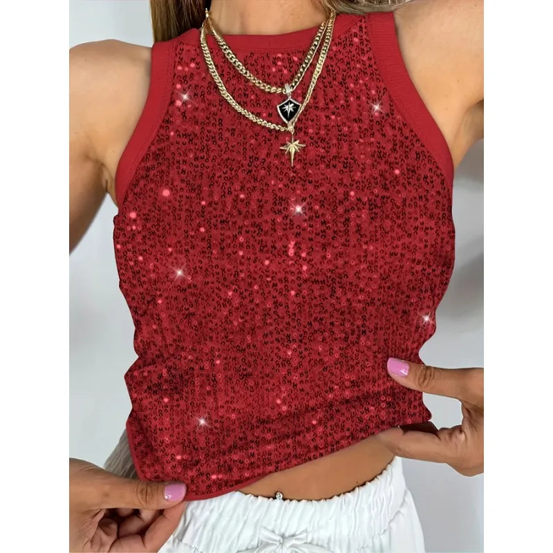 Plus Size 1XL-5XL Women's Fashion  Sequin Sleeveless Tank Top Tanks Ladies Casual Crew Neck